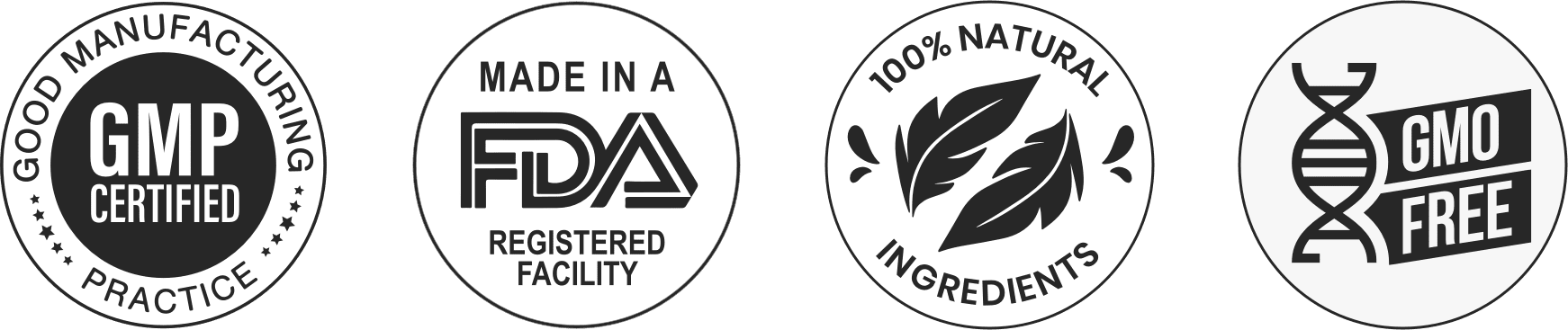 GMP certified, FDA registered facility, natural ingredients, GMO free certifications
